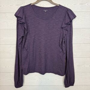 Garnet Hill Purple Tencel Ruffle Long Sleeve Blouse Size Small